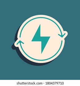 Green Lightning bolt icon isolated on green background. Flash sign. Charge flash icon. Thunder bolt. Lighting strike. Long shadow style. Vector.