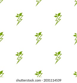 Grüner Blitz einfache nahtlose Muster. Sturm oder Donner und Blitz schlagen Ornament auf Weiß. Eco-Strom-Spannungswandler Umwelt, ökologischer Hintergrund.  Earth Day