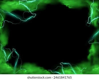 Green lightning strikes and smoke effect frame background. Realistic storm clouds with magical energy flashes. Glowing thunderbolt with fog border design on black