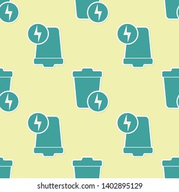 Green Lightning with trash can icon isolated seamless pattern on yellow background. Waste to energy. Garbage bin sign. Recycle basket sign. Vector Illustration
