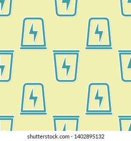 Green Lightning with trash can icon isolated seamless pattern on yellow background. Waste to energy. Garbage bin sign. Recycle basket sign. Vector Illustration