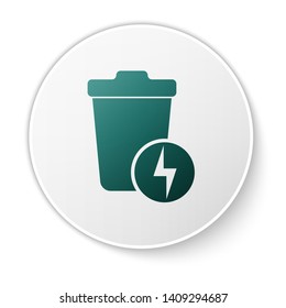 Green Lightning with trash can icon isolated on white background. Waste to energy. Garbage bin sign. Recycle basket sign. White circle button. Vector Illustration