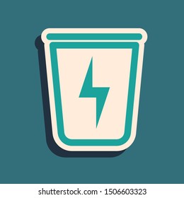 Green Lightning with trash can icon isolated on blue background. Waste to energy. Garbage bin sign. Recycle basket sign. Long shadow style. Vector Illustration