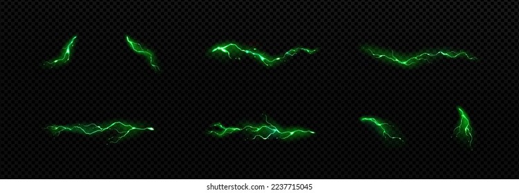 Green lightnings, electric strikes, thunderbolt discharges isolated on transparent background. Set of magic sparking, electric impact effects, vector realistic illustration