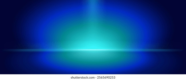 Green lights shine on stage floor studio room, dark blue gradient background, abstract pattern scene, neon reflective walls and floors, feel speed of connected digital future technology.