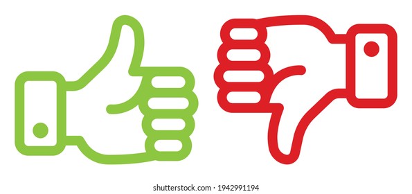 Green like and red dislike. Thumb up and thumb down vector illustration. Positive and negative review icons.