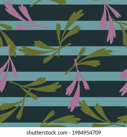 Green and lilac leaves branches random print seamless pattern. Blue striped background. Simple style. Designed for fabric design, textile print, wrapping, cover. Vector illustration.