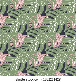 Green and lilac monstera seamless doodle pattern. Hand drawn foliage tropical ornament. Designed for fabric design, textile print, wrapping, cover. Vector illustration.