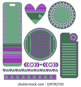 Green and lilac vector set with tags, labels, heart and trims