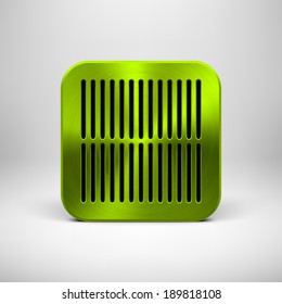 Green (lime) abstract technology app icon, button template with perforated speaker grill pattern, metal texture (chrome, steel, silver) and realistic shadow for interfaces (UI) and applications (apps)
