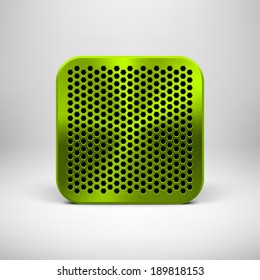 Green (lime) abstract technology app icon, button template with polygon perforated speaker grill pattern, metal texture (chrome, steel) and realistic shadow for interfaces (UI) and applications (apps)
