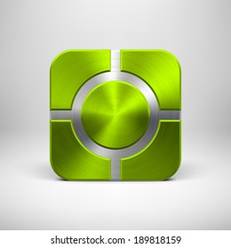 Green (lime) abstract technology app icon, button template with circle perforated pattern, metal texture (chrome, steel, silver) and realistic shadow for interfaces (UI) and applications (apps).
