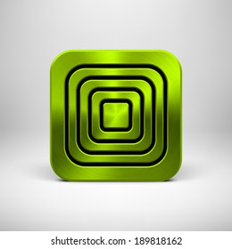 Green (lime) abstract technology app icon, button template with perforated speaker grill pattern, metal texture (chrome, steel, silver) and realistic shadow for interfaces (UI) and applications (apps)