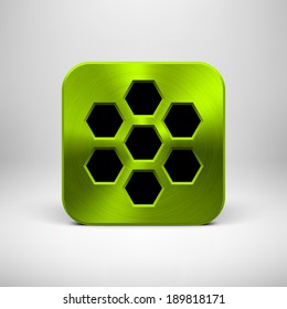 Green (lime) abstract technology app icon, button template with polygon perforated speaker grill pattern, metal texture (chrome, steel) and realistic shadow for interfaces (UI) and applications (apps)