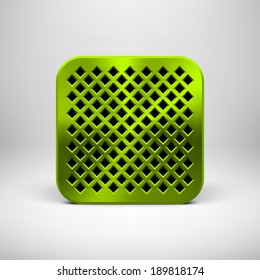 Green (lime) abstract technology app icon, button template with polygon perforated speaker grill pattern, metal texture (chrome, steel) and realistic shadow for interfaces (UI) and applications (apps)