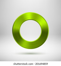 Green (lime) abstract technology blank donut button template with metal texture (chrome, steel, silver), realistic shadow and light background for web user interfaces (UI) and applications (apps).