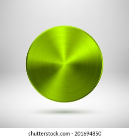 Green (lime) abstract technology circle button template with metal texture (chrome, steel, silver), realistic shadow and light background for web user interfaces (UI) and applications (apps).