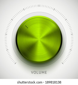 Green (lime) abstract technology music button (volume, sound control knob) with metal texture (chrome, steel, silver) and realistic shadow for interfaces (UI) and applications (apps).