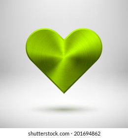 Green (lime) abstract Valentine's heart sign, blank button template with metal texture (chrome, steel, silver), realistic shadow and light background for user interfaces (UI) and applications (apps). svg