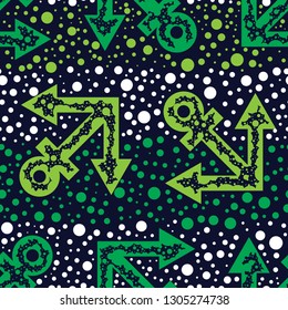 Green and lime anchors and dots, a seamless striped pattern on the dark background. Modern dotted textile design. Marine vector drawing repeat pattern. Endless nautical theme wallpaper. 
