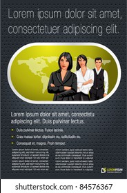 Plantilla verde y negra para el folleto publicitario con un grupo de empresarios
