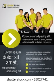 Green lime and black template for advertising brochure with a group of people