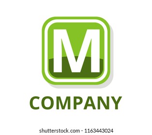 green lime color glasses square box button web logo graphic design with modern clean style for any professional company with initial type letter m on it
