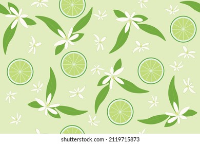 Green lime fruit background, citrus slices leaves and blossom, vector seamless pattern