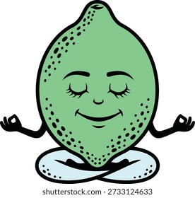 Eine grüne Limettenfruchtfigur mit schwarzen Flecken meditiert in Lotusposse. Es hat geschlossene Augen, ein sanftes Lächeln, und seine Hände sind in einer mudra Geste.