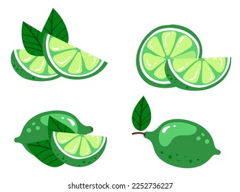 Green lime lemon slice citrus cutting chopping fruits isolated set. Vector design graphic illustration
