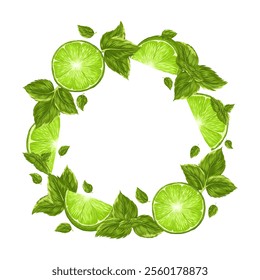 Green lime with mint leaves on a white background. Circle frame with an empty text place. Banner, poster, wrapping paper, sticker, print, modern textile design. Vector hand drawn illustration.