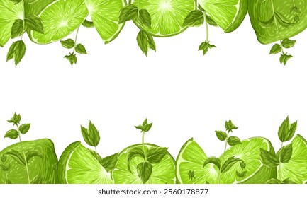 Green lime with mint leaves on a white background. Horizontal square frame with an empty text place. Banner, poster, print. Vector hand drawn illustration. Elements are not cropped