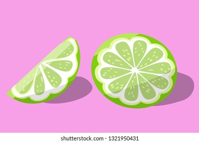 green lime on pink background vector illustration. juicy bright citrus fruit