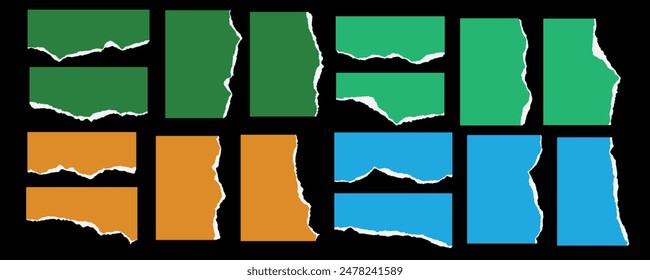 Verde, verde lima, naranja y azul color rasgado lágrimas realistas rasgado papel colección de Vector