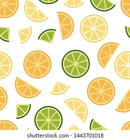 Green lime, orange, lemon seamless pattern background. Flat poster on colorful backdrop. 