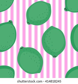 Green lime pattern. Seamless decorative background with limes. Summer fruit vector illustration on pink striped background. Fashion design for fabric and decor.