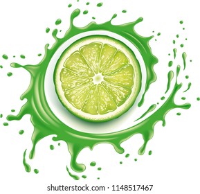 Green lime slice with splash and many juice drops