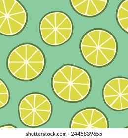 green lime slices seamless summer pattern; It's ideal for use in beverage packaging, kitchen textiles, or tropical-themed designs- vector illustration