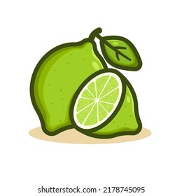 Green lime vector illustration. Cartoon citrus with leaf and half slice of lime, outline color icon of tropical fruit. Flat design