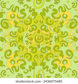 Green, lime and yellow carpet like ornamentation arranged in vector seamless pattern. Calligraphy lines in surface art texture for printing on various surfaces or usage in graphic design.