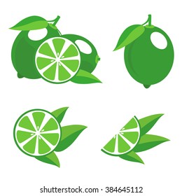 Green limes with leaves. Collection of different fresh limes. 