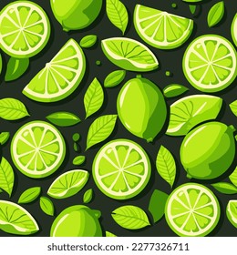 Green limes on dark background fruit illustration - seamless vector pattern