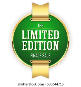 Green limited edition badge, button with gold border on white background