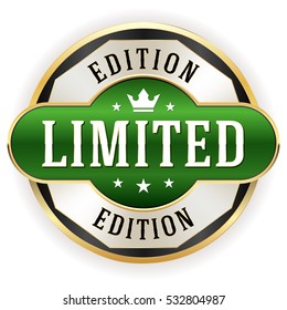 Green limited edition button / badge with silver border on white background