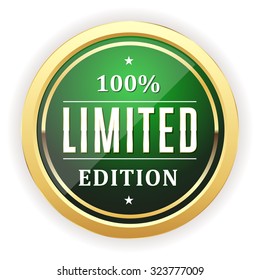 Green limited edition button with gold border on white background