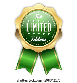 Green limited edition rosette with gold border on white background
