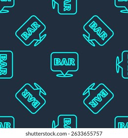 Green line Alcohol or beer bar location icon isolated seamless pattern on blue background. Symbol of drinking, pub, club, bar.  Vector