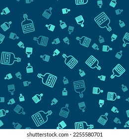 Green line Alcohol drink Rum bottle icon isolated seamless pattern on blue background.  Vector Illustration