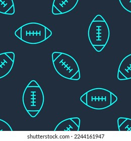 Green line American football ball icon isolated seamless pattern on blue background. Rugby ball icon. Team sport game symbol.  Vector