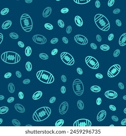 Green line American Football ball icon isolated seamless pattern on blue background. Rugby ball icon. Team sport game symbol.  Vector